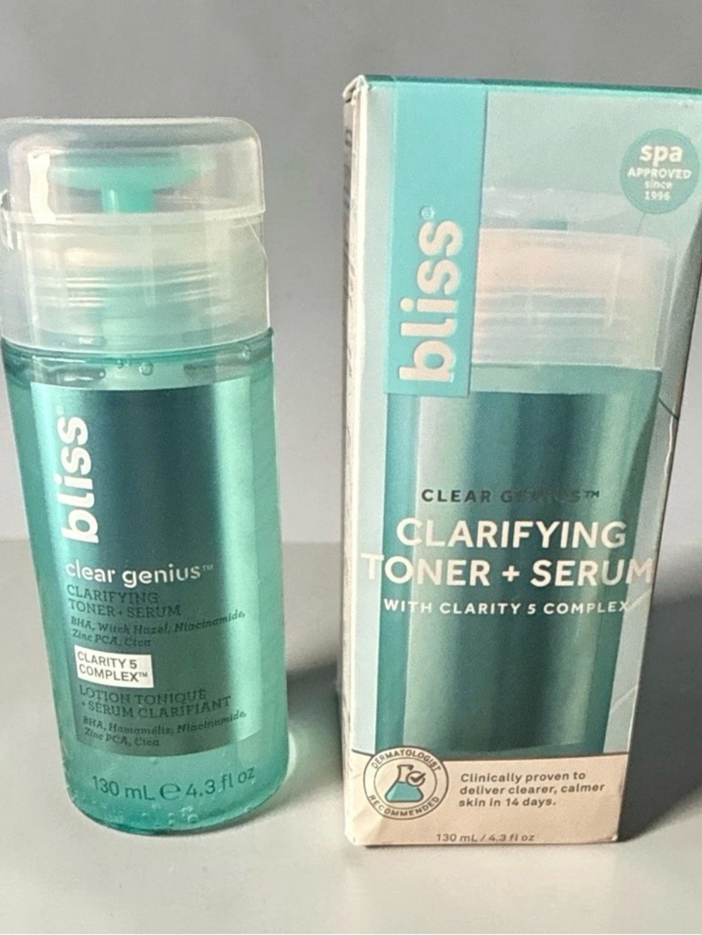 Bliss Clarifying Toner + Serum in teal and white